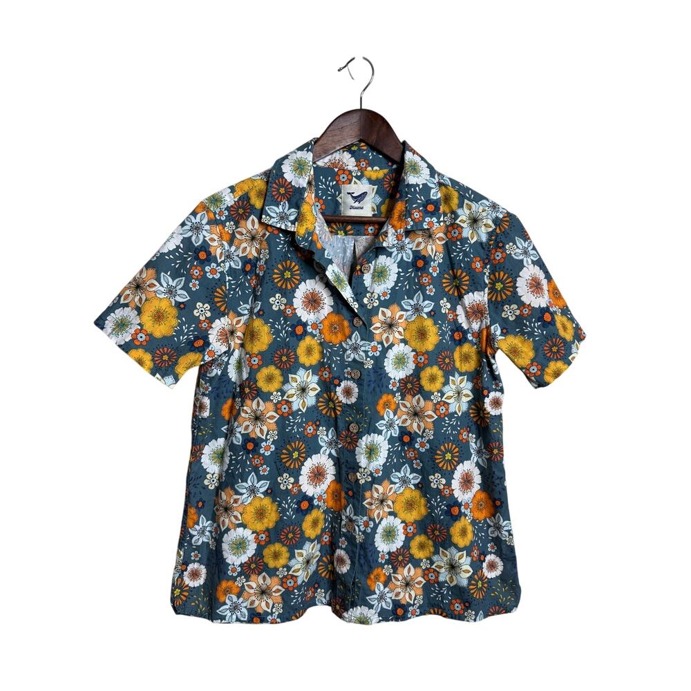 Yiume Women’s Retro 70s Folk Floral Daisy Print Cotton Hawaiian Shirt L NWOT